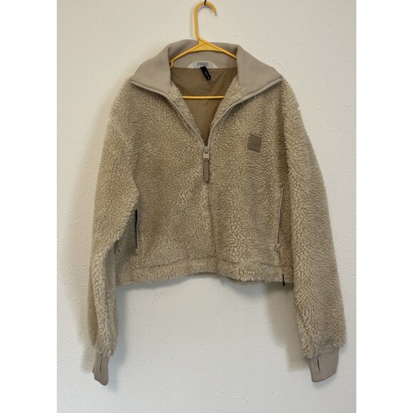 Rains Jackets & Blazers - RAINS Women's Kofu Fleece Short Bomber Jacket Full Zip Beige Size Medium